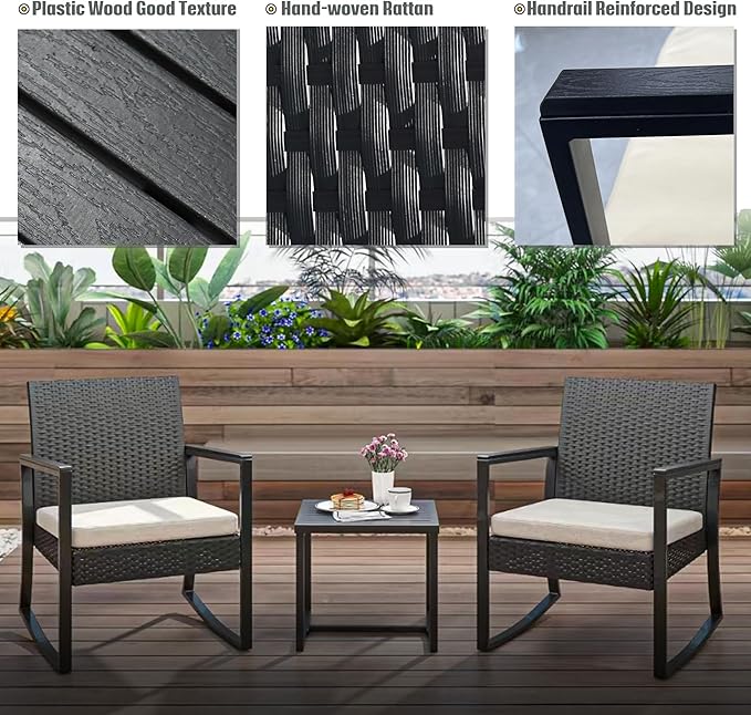 3 Pieces Outdoor Patio Set -Wicker Rattan Chair Conversation Set with Glass Table for Poolside Yard Rocking Chair Set for Bistro Garden Front Porch All Weather Patio Furniture Set
