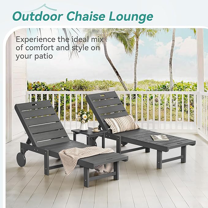 Outdoor Chaise Lounge Chairs with Table, 2-Piece, 26.8” Super Wide Lounge Chair Outdoor, HDPS Pool Chairs with 5 Positions, Patio Lounge Chair with Wheels for Pool,Lawn,Backyard, Dark Gray