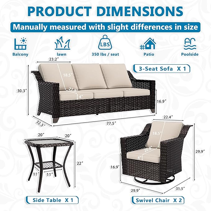 Vista Vibe 4 Pieces Outdoor Patio Conversation Furniture Set - 78" 3-Seat Sofa | 2 Swivel Glider Rocker Chairs | Wicker End Table, Rattan Loveseat, Upholstered Couch, Garden, Deck (Brown/Beige)