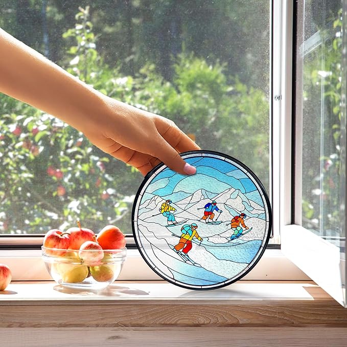 kdqua Winter Ski Suncatcher Stained Glass Window Hanging, Ski Lovers Gifts for Women Sun Catchers Indoor Window Glass Round Wall Decor, Winter Skiing Wall Art Hanging Decorations Statues, 7.9x7.9in
