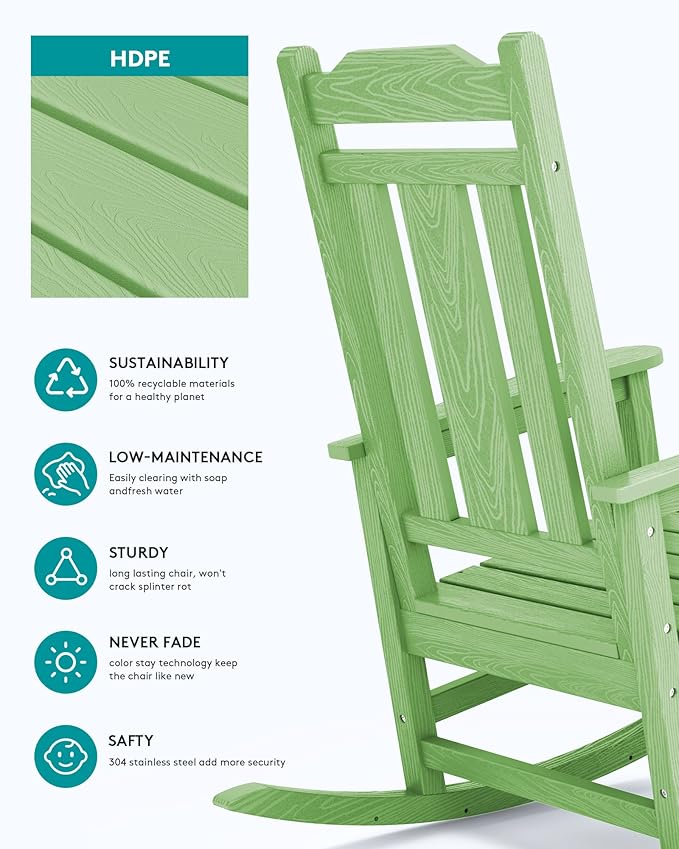 SERWALL Outdoor Rocking Chair, Patio Rocking Chairs for Porch, HDPE Rocking Chair Outdoor for Adults, Heavy Duty Front Porch Rocker, Mint