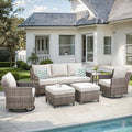 Patio Furniture Set, 6 Pieces Outdoor Wicker Rattan Sofa Couch with Swivel Rocking Chair, Side Table, Ottoman and Comfy Cushions, All Weather Patio Conversation Sets, Suit for Porch