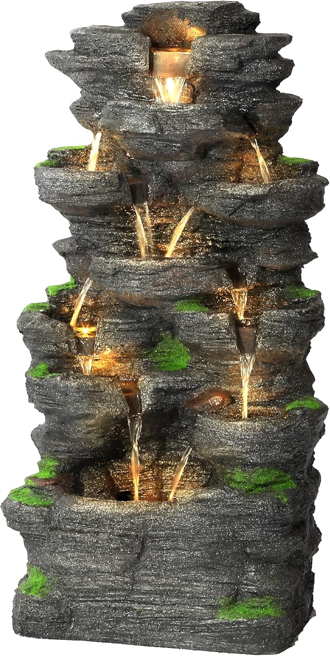 40''H Outdoor Water Fountain - Garden Rock Waterfall Fountains, Outdoor/Indoor Floor Standing Resin Water Fountain with 10 LED Light for Patio, Garden and Backyard, Deck, Porch, Home