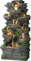 40''H Outdoor Water Fountain - Garden Rock Waterfall Fountains, Outdoor/Indoor Floor Standing Resin Water Fountain with 10 LED Light for Patio, Garden and Backyard, Deck, Porch, Home