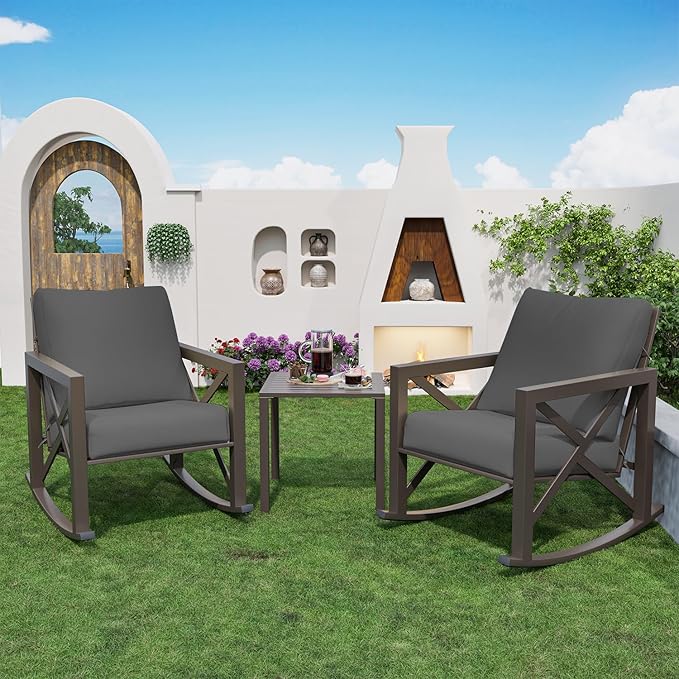 Outdoor Rocking Bistro Set, Patio Rocking Chairs Set of 2 with Coffee Table, 3 Pieces Metal Conversation Sets with 6.5" Thick Cushions for Backyard, Porch, Poolside, Oversized (Gray)
