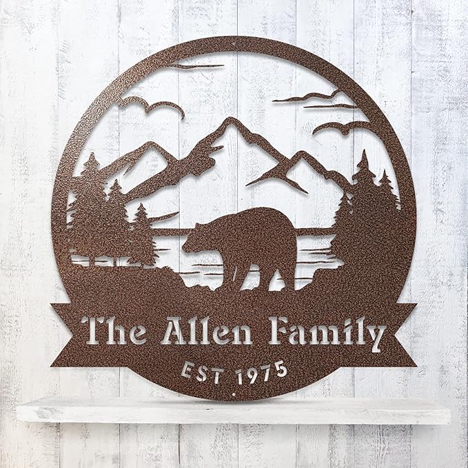 RealSteel Personalized Bear Metal Sign - Custom Outdoor Wall Art with Mountain Scene - Circular Design for Porch, Patio, Lawn & Garden Décor - Penny Vein, 30"