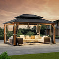 Modern Shade The Horizon Hardtop Gazebo 12' x 16' with 4 LED Lights, Permanent Outdoor Gazebo with Galvanized Steel Double Roof, Grill Pavilion with Decor Hooks, Mosquito Nettings, Wood-Looking
