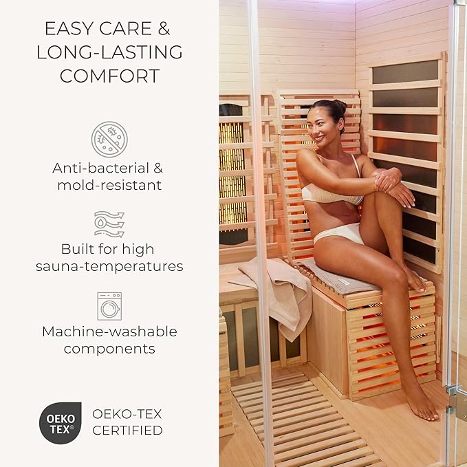 SAUNASOFA™ Sauna Mat & Pillow Set – 1 person sauna seat cushion and pillow for infrared and finnish sauna – heat-resistant sauna kit in taupe