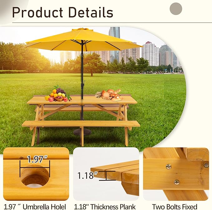 Picnic Table with Bench for 8 Person Outdoor Wooden Rectangle Table for Patio Garden Backyard Large Outside Dining Table Set with Umbrella Hole 6.25FT