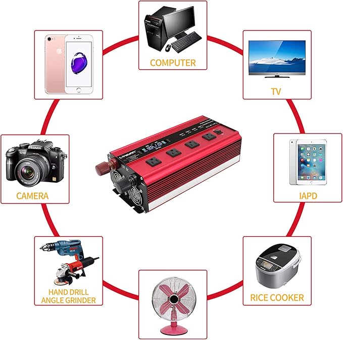 LVYUAN Power Inverter with 4 AC Outlets, LCD Display, Wireless Remote Control, Car Power Inverter for Car, RV, Truck, Off Grid Solar System, Camping (Red, 12V-2200W)