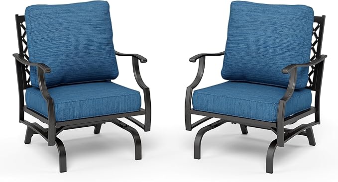 HERA'S HOUSE Outdoor Chairs Set of 2, 2 x Patio Chair with Pacific Blue Cushions, All Weather Outdoor Furniture for Lawn Garden Backyard Deck(Rocking Chairs)