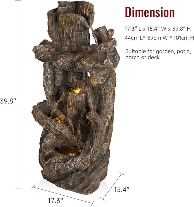 Ferrisland 5-Tiered Tree Trunk Large Water Fountain with LED Lights and Pump, 39.8" Tall Outdoor Freestanding Fountain, Realistic Wood Natural Looking Floor Resin Statue for Garden Patio & Backyard