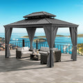 16'x12' Hardtop Gazebo, Heavy Duty Aluminum Permanent Hardtop Gazebo Outdoor Pavilion with Curtains and Netting for Garden (Gray, 16'x12')