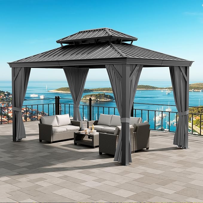 20'x12' Hardtop Gazebo, Heavy Duty Aluminum Permanent Hardtop Gazebo Outdoor Pavilion with Curtains and Netting for Garden (Gray, 20'x12')