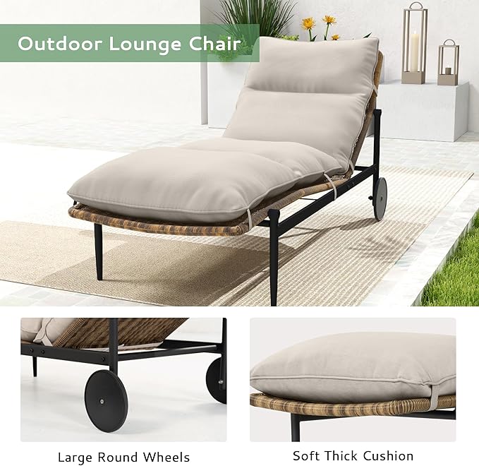 Chaise Lounge Chair Outdoor 2PCS - PE Rattan Wicker Patio Pool Lounge Chair with Cushion and Wheels, Aluminum Waterproof Lounger with Wood Side Table for Poolside Backyard Deck Porch