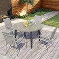 5 Pieces Round Dining Table Set for 4, Patio Dining Set Includes 4 Grey Stackable Patio Chairs and 1 Honey Oak Round Table, Patio Furniture Sets with Sling Support for Outside, Garden