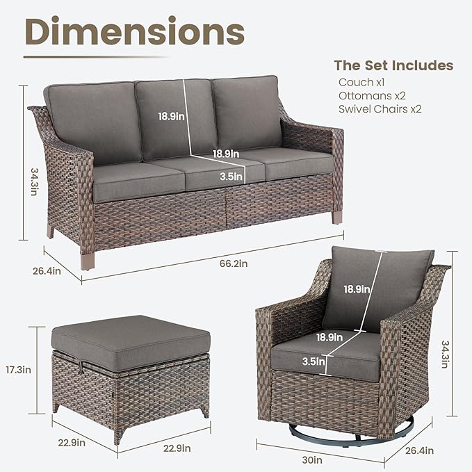 Outdoor Wicker Patio Furniture Set - 5 Piece Outside Rattan Conversation Bistro Dining Chair Sets with Rocking Swivel Chairs, 3-Seat Couch and Ottomans for Porch Yard Balcony – Brown/Grey