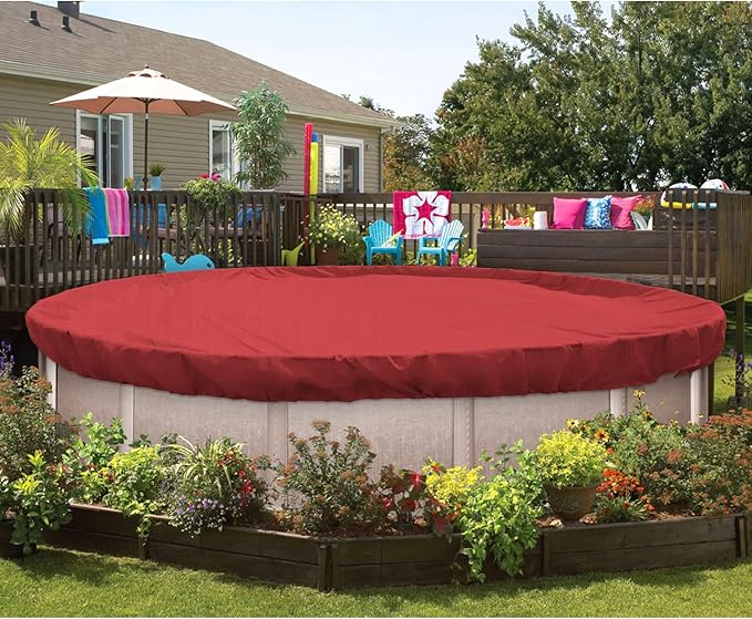 ECOOPTS 8 ft Round Pool Cover for Above Ground Pools, Swimming Pool Cover Protector Winter Safety Cover (Red)
