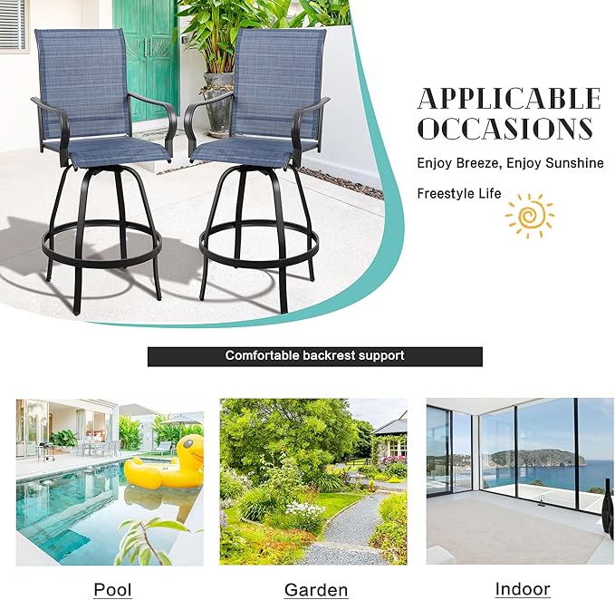 Vongrasig 4 Piece Patio Swivel Bar Chairs, All Weather Metal Textile High Swivel Bar Stools Chairs, Outdoor High Top Bistro Set for Backyard, Lawn Garden, Balcony, Denim Blue