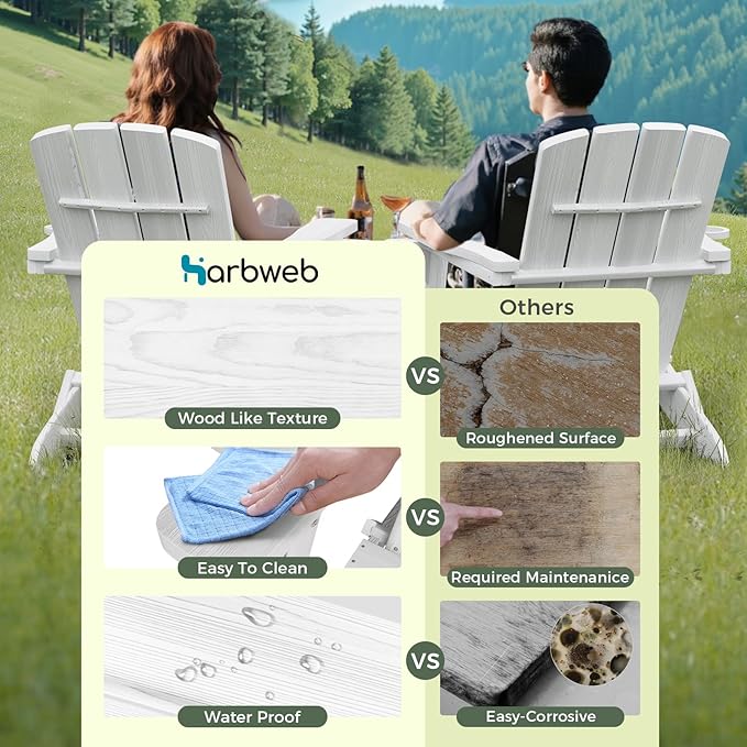 Folding Adirondack Chair Wood Texture 6 Pack, HDPE All-Weather Fire Pit Chairs, Plastic Adirondack Chairs with 2 Cup Holder, Outdoor Lawn Chair for Patio Garden (White)