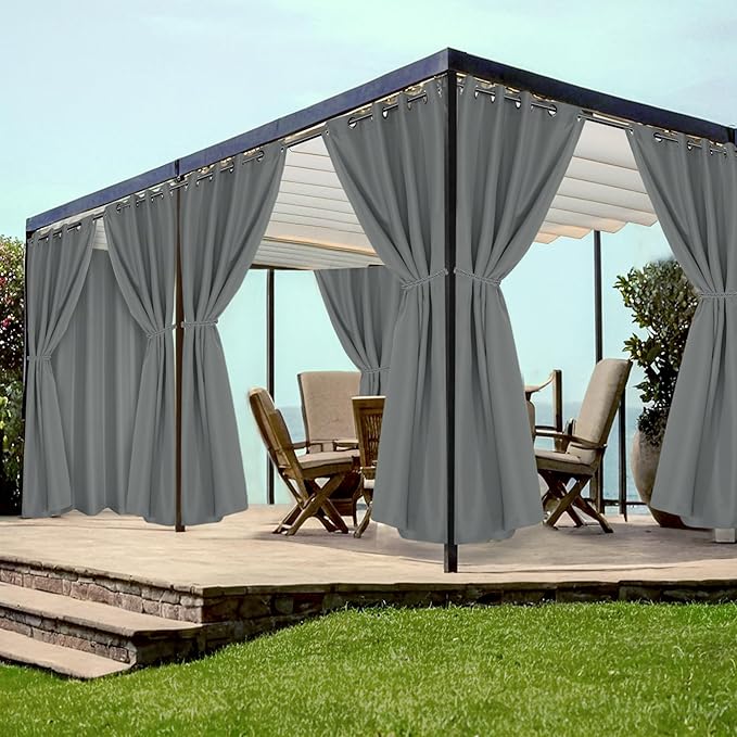 HolidayIdeas Grommet Top Outdoor Curtains for Patio Waterproof 8 Pcs All Weather Balcony Outside Curtain Panels for Apartments, Gazebo, Pergolas, Porch, 54x84 Inch, Grey