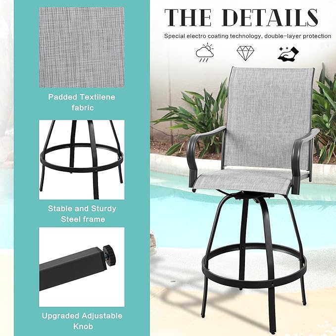 Vongrasig 4 Piece Patio Swivel Bar Chairs, All Weather Metal Textile High Swivel Bar Stools Chairs, Outdoor High Top Bistro Set for Backyard, Lawn Garden, Balcony, Light Grey