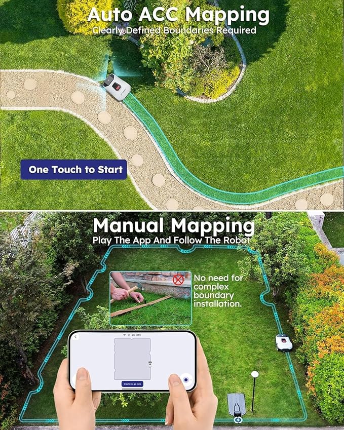Robot Lawn Mower with Garage - NO Wire Robotic Lawnmower 0.22 Acre, Full Band RTK+4-Eye Vision, Automatic Mapping, 20 Multi-Zone Management, Accurate Obstacle Avoidance, APP Control