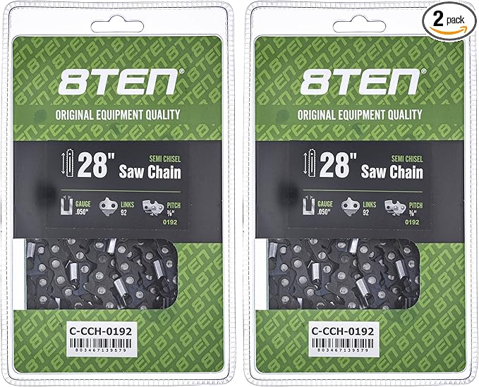 8TEN Semi Chisel Chainsaw Chain 28 Inch .050 3/8 92 DL For McCulloch Pro Mac 800 (2 Pack)
