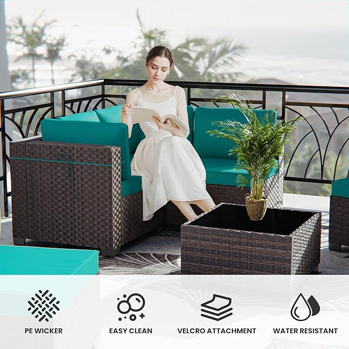 12 Pcs Outdoor Patio Furniture Set Outdoor Furniture All Weather Patio Sectional Sofa PE Wicker Modular Conversation Sets with Coffee Table, Swivel Rocking Chair (Turquoise)