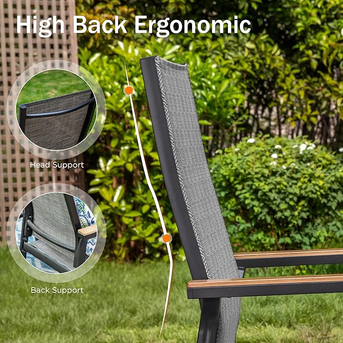 PHI VILLA Outdoor Stackable Chairs, Patio Chairs Set of 8, Light Weight Aluminum Frame with Textilene Fabric & Wood Armrest, High Back Deck Chairs for Poolside Lawn Garden, Gray