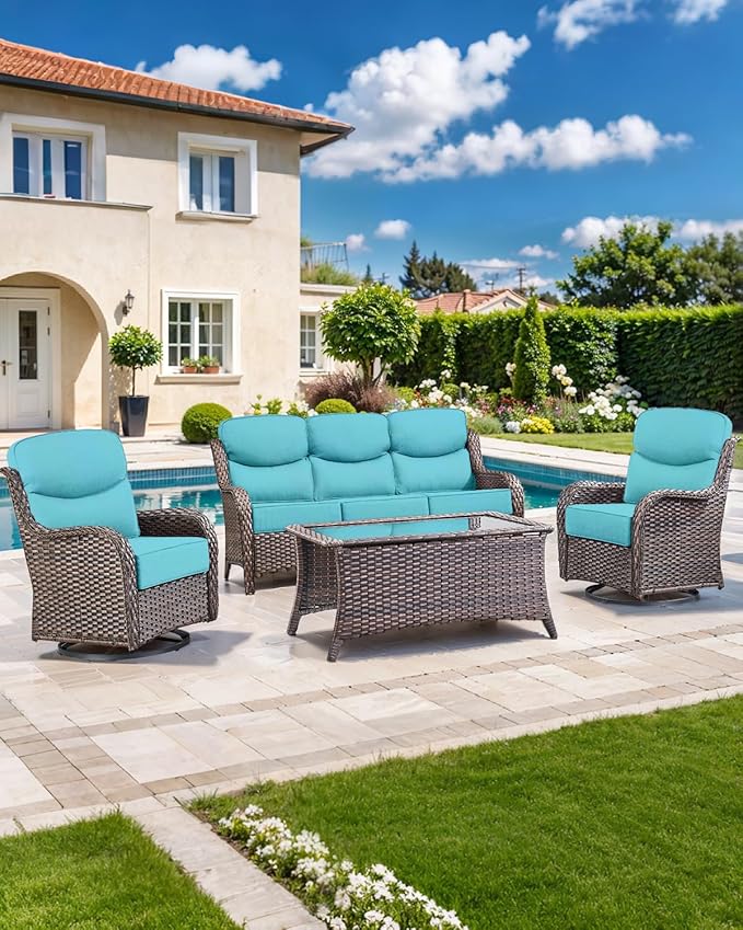 Luxury 22x24/22x25 6-Inch Smile Outdoor Cushions for Patio 5 Piece Set - Set of 5 Zippered Outside Pillows for Wicker Dining Rocking Glider Loveseat Couch Sectional Sofa - Turquoise