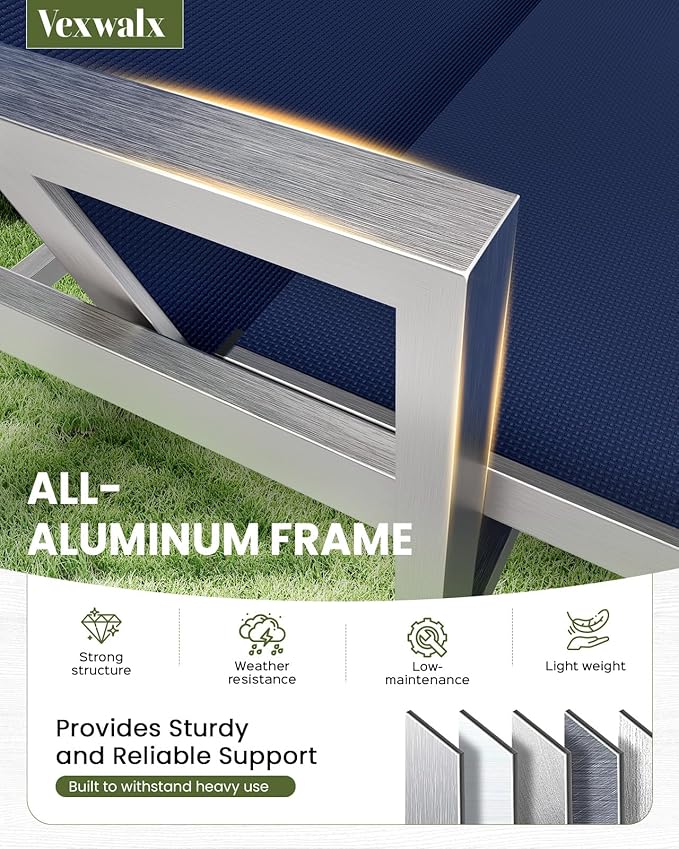 Patio Chaise Lounge Chair Outdoor with Wheels&Armrests, Aluminum Pool Lounge Chairs Set of 2 Five-Position Adjustable Recliner, Outdoor Beach Lounge Chairs for Poolside, Patio, Deck, Yard, Navy Blue