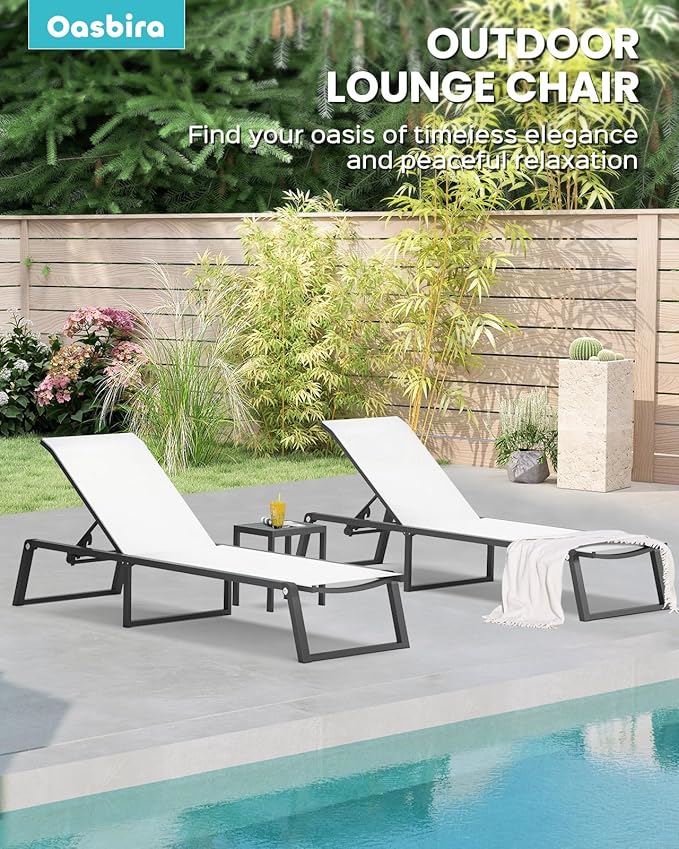 Aluminum Chaise Lounge Outdoor Set of 2, Foldable & Assembly Free Patio Pool Lounge Chairs 5-Position Recliner for Outside Poolside, Fully Grounded Legs Sun Lounger for Beach, Yard, White