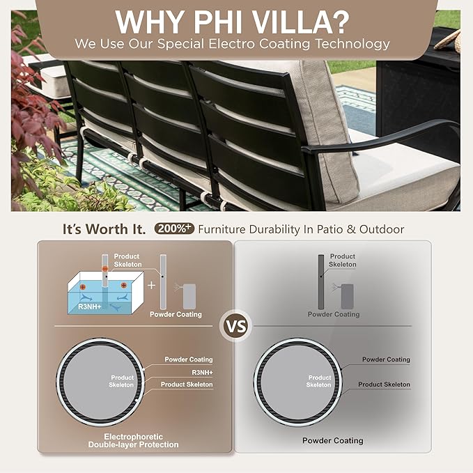 PHI VILLA 4 Piece Patio Furniture Set with 1 x 3 Seater Padded Deep Seating Bench, 2 x Swivel Cushioned Armrest Sofa Chairs and 1 x Coffee Table, Metal Outdoor Furniture Set for 5