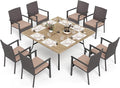PHI VILLA 9 Pieces Patio Dining Set for 8, 60” Wood-Like Large Square Metal Steel Dining Table & Rattan Wicker Chairs with Cushions, Outdoor Dining Furniture for Deck, Yard, Porch