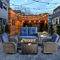 HUMMUH 5-Piece Patio Furniture Set with Fire Pit,Wicker Patio Glider Loveseat Outdoor Swivel Rocker Chairs for Backyard,Poolside,Deck
