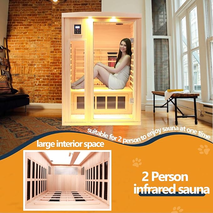 Ceramic 2 Person Infrared Sauna, Far Infrared Sauna for Home, Hemlock Wood Saunas Room, 2 in 1 Indoor Sauna with Low EMF Heaters + Ceramic Heating Cubes-Chromotherapy-Bluetooth Speaker