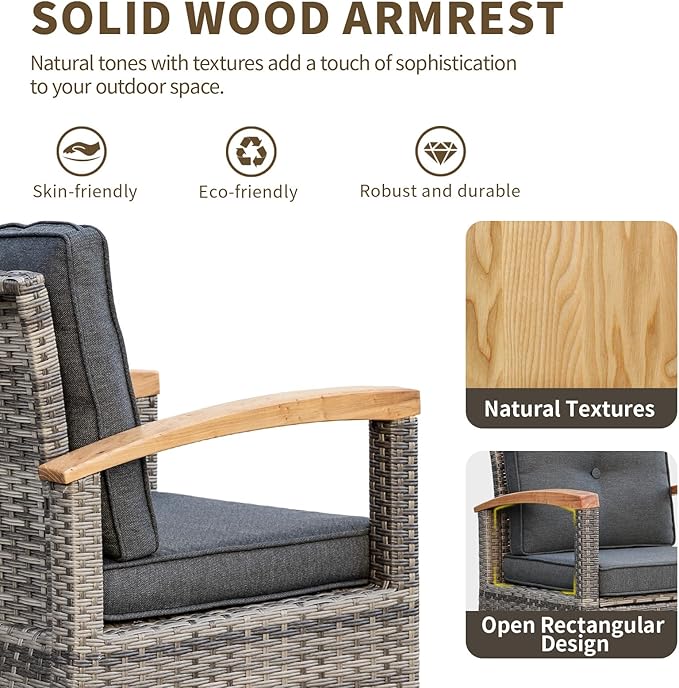MEISSALIVVE 9-Piece Outdoor Patio Furniture Set, Half-Moon Curved Sectional Set with Wood Armrests, Patio Conversation Set, Tempered Glass Coffee & Side Tables (Grey)