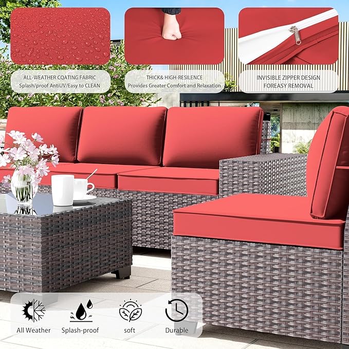 Outdoor Patio Furniture Set, 6 Pcs Outdoor Furniture All Weather Patio Sectional Sofas PE Wicker Modular Conversation Set with Coffee Table,5 Chairs & Seat Clips Red
