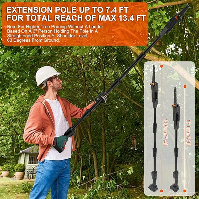 Pole Saw, 6-Inch Cordless Pole Saws for Tree Trimming, 21V Electric Pole Chainsaw W/2Pcs 3.0Ah Battery, 35FT/S Speed, 13.4FT Max Reach,Upgraded Multi-Angle Polesaw for Tree Hedge Trimming Bush Pruning