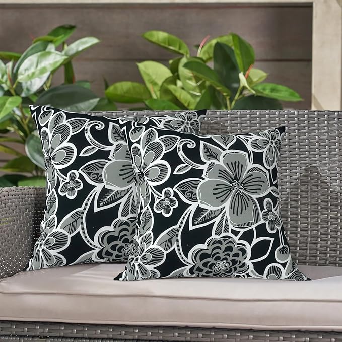 LVTXIII Outdoor Throw Pillow Covers 20 x 20 Inch, Covers ONLY Modern Cute Pattern Decorative Square Toss Pillow Case Pack of 2 for Home Patio Garden Sofa Bed Furniture, Flower Black