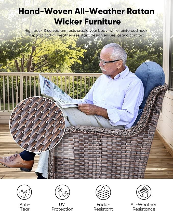 HUMMUH 6-Piece Outdoor Wicker Patio Furniture Set with Swivel Glider Chairs, 3-Seat Sofa & Ottomans 5” Olefin Cushions Ergonomic Neck-Lumbar Backrest All-Weather Rattan for Garden, Deck, Porch