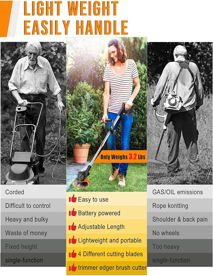 Electric Weed Wacker Cordless, 21V Weed Eater Battery Powered with 2 Batteries and Charger, 3 in 1 Electric Grass Trimmer Cordless Edger Brush Cutter with Saw & Metal Blade for Lawn Garden Yard