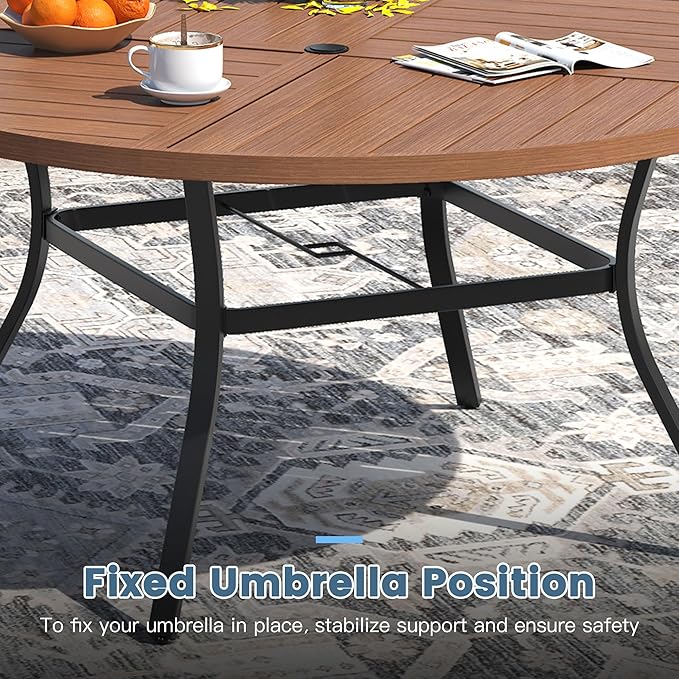 DIFY 59.8" Round Outdoor Patio Dining Table for 8-10, All-Weather Metal Steel Slatted Patio Table with 1.57" Adjustable Umbrella Hole, for Lawn Garden Porch Backyard, Walnut