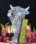 Nacome Highland Cow Garden Statue for Decor: Outdoor Sculpture with Solar Lantern and Welcome Sign for Outside Ornament Yard Art Lawn Porch Patio Balcony - Birthday Gifts for Women Mom(Gray)