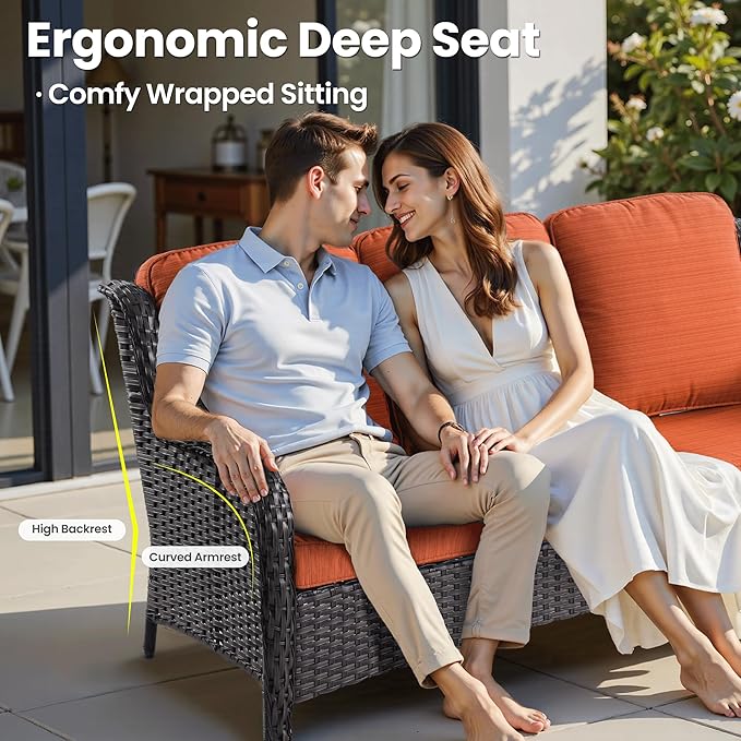 ovios 8 Pieces Patio Furniture Set, Outdoor Wicker Sofa Couch with Swivel Chairs 42" Fire Pit Table, High Back All Weather Modern Conversation Sets, Brown Rattan, Orange Red