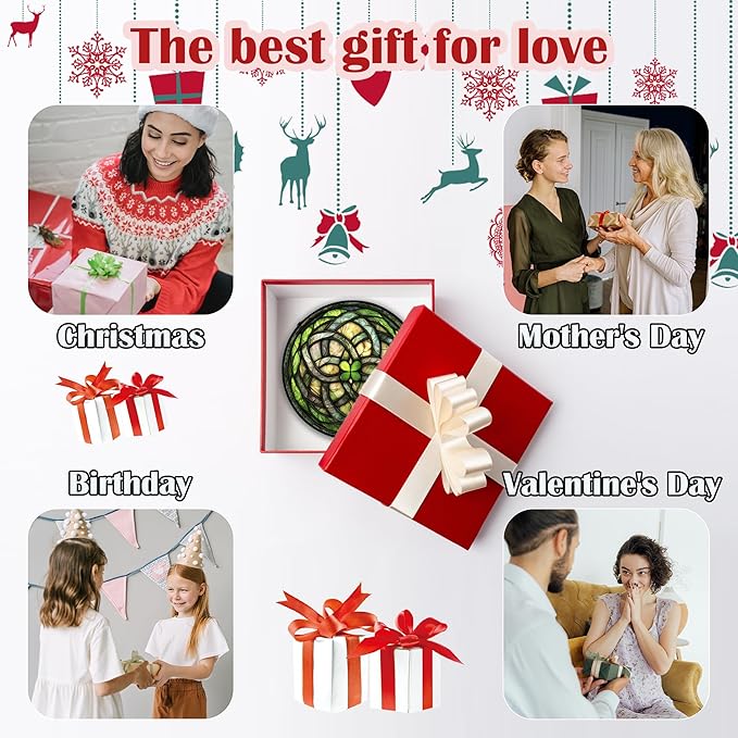 Stained Glass Window Hanging, Abstract Green Clover Sun Catchers Colorful Glass Panel Bless Suncatcher Decor for Birthday for Women, Men, Wife, Aunt, and Mom 14.9x14.9 in