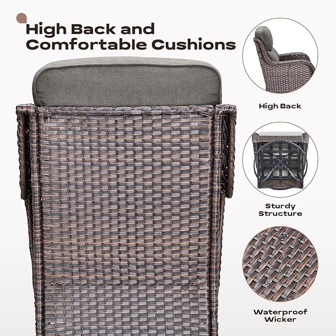 Rilyson Outdoor Patio Swivel Rocker Chairs Set of 2, Waterproof Wicker, High Back, Deep Seating, Wide Armrest, Upgraded 6 inch Thick Cushions, Side Table, Ideal for Deck Porch Yard, Brown-Grey