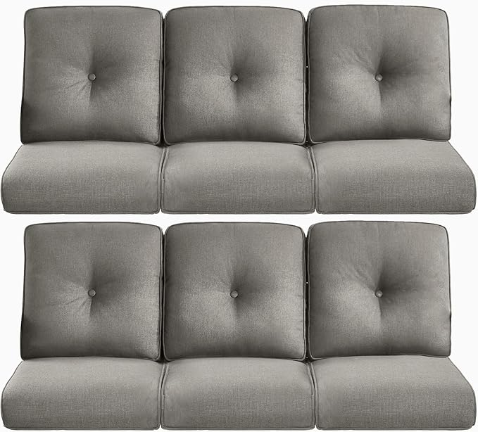 Pop 22x25/22x24 Outdoor Furniture Cushions Set of 6 - Water Repellent High Back Patio Chair Cushion for Wicker Dining Swivel Chairs Loveseat Couch L-Shape Sectional Sofa - Grey/Button