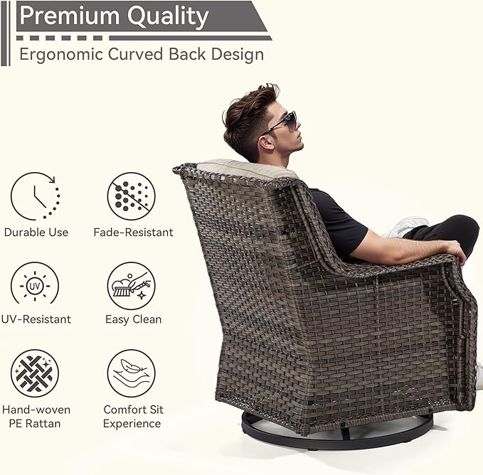 Outdoor Swivel Rocker Patio Chair with Matching Side Table - 360 Degree Patio Swivel Glider Chair with 3.5" Olefin Cushions(Mixed Grey/Beige)